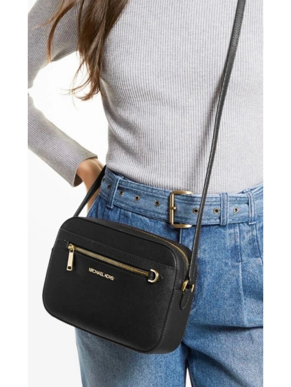 Michael Kors JET SET Black Saffiano Chain Crossbody Bag Purse Messenger